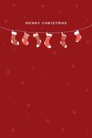 Various red socks hanging hand drawn childish style on red background graphic illustration. Merry Christmas greeting card vertical template. vector