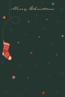 Merry Christmas greeting card vertical template. Hanging sock hand drawn childish style with night sky background graphic illustration.