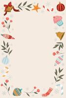 Christmas elements doodle line childish style as a frame on old paper background graphic illustration. Merry Christmas greeting card vertical template. vector