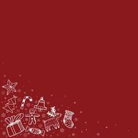 Christmas elements hand drawn childish style on red background graphic illustration have blank space. Merry Christmas greeting card square template. vector