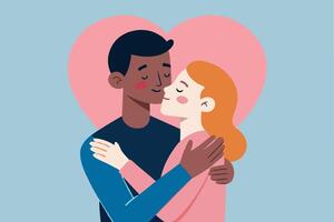 Interracial couple expressing their affection towards each other through tender kiss and hug in front of pink heart vector
