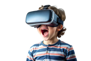 Boy with VR headset using AI artificial intelligence technology and machine learning with a funny and excited expression png