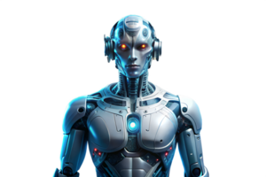 A humanoid cyborg with a bionic of a futuristic sci-fi AI cyber computer isolate on transparency background png