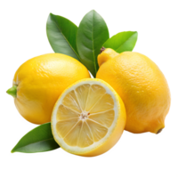 Whole lemon and leaf stems and halves isolate on transparency background png