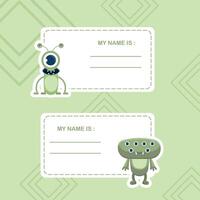 Name Tag with Green Funny Monster Character with Friendly Face vector