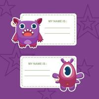 Name Tag with purple Funny Monster Character with Friendly Face vector