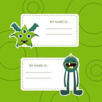Name Tag with green cute Funny Monster Character with Friendly Face vector