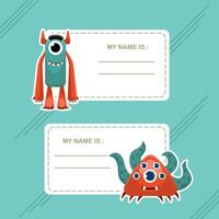 Name Tag with Orange and green Funny Monster Character with Friendly Face vector