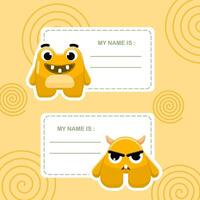 Name Tag with Orange Funny Monster Character with Friendly Face vector