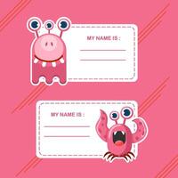Name Tag with red Funny Monster Character with Friendly Face vector