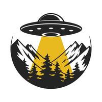 Alien Spaceship Hovering Over Pine Forest and Mountains Emblem vector