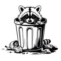 A raccoon in a trash can with trash and other items vector