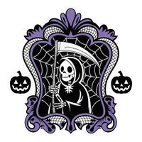 Grim reaper holding scythe with spiderweb frame and pumpkins illustration vector