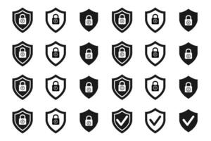 Set of security shield icons. Lock security icon with currency symbol. Safety protection security shield sign. vector
