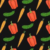 Colorful pattern of carrots, peppers, and cucumbers on a dark background vector