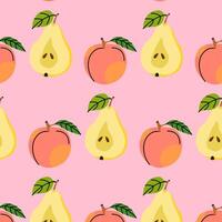 Colorful pattern of peaches and pears on a pink background with vibrant leaves in spring vector