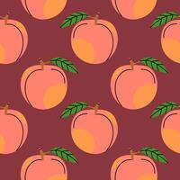 A vibrant pattern of peaches with green leaves on a rich maroon background for decorative use vector