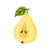 A ripe pear with a green leaf resting on a plain white background vector