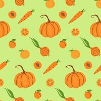 Colorful pattern of pumpkins, carrots, and oranges on a light green background in autumn theme vector