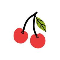 Two ripe red cherries with a green leaf on a thin stem against a plain background vector