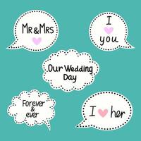 Five speech bubbles with wedding-themed messages on a teal background. vector