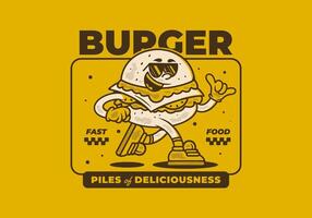 Burger, pile of deliciousness. Retro mascot character illustration of burger in running pose in square shape vector