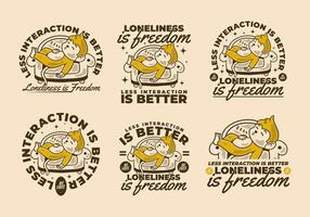 Less interaction is better. Character design of monkey sleep on the sofa. in six different type of badge vector