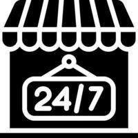 A black and white icon of a store with a sign that says 24 7 vector