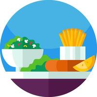 A plate with fries, salad and a bowl of fruit vector