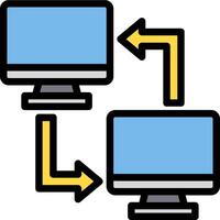 Two computers connected to each other with arrows pointing to the left vector