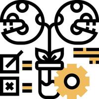 A black and gold icon of a plant with a gear and a clock vector