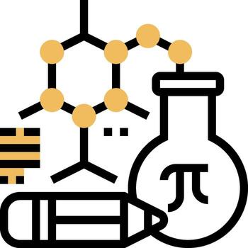 A black and white image of a lab flask, a pencil and a calculator vector