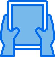 Hands holding a tablet computer with a blue background vector