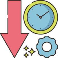 An arrow pointing down and a clock with gears vector