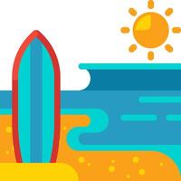 Surfboard on the beach with the sun in the background vector