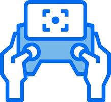A blue and white icon of a hand holding a game controller vector