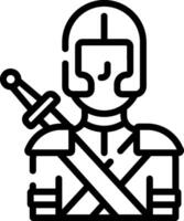A black and white line icon of a knight holding a sword vector