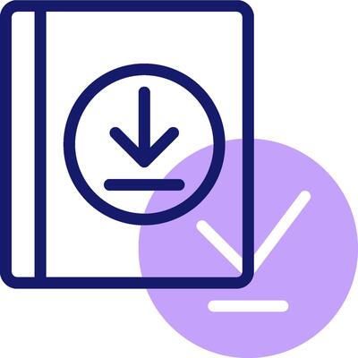 A book with a button and a purple circle