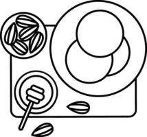 A plate with nuts and a spoon is shown in this line drawing vector