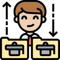 A cartoon man with a folder and two arrows pointing up vector