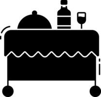 A black and white illustration of a table with a bottle and a glass vector