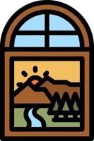 A window with a view of mountains and a river vector