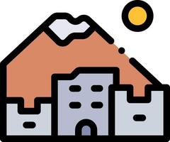 A mountain and a building with a sun in the background vector