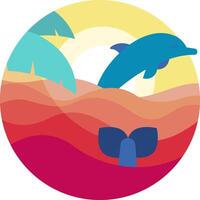A dolphin and a palm tree in a circle vector