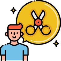 A man is holding scissors and a speech bubble with a scissors icon vector