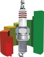 New spark plug is standing in front of a colorful growing graph symbolizing performance increase vector