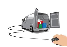 Delivery van full of gifts coming from an online order made with a computer mouse vector