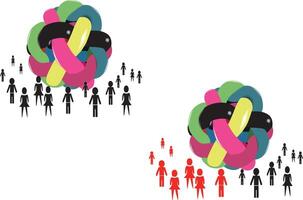 People gathering around colorful abstract shapes representing the concept of union vector