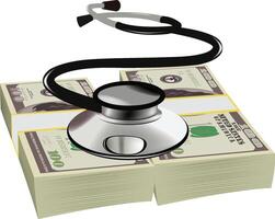 Stethoscope lying on stack of one hundred dollar bills illustrating high cost of healthcare vector