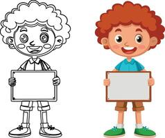 Boy holding empty sign with line art drawing vector